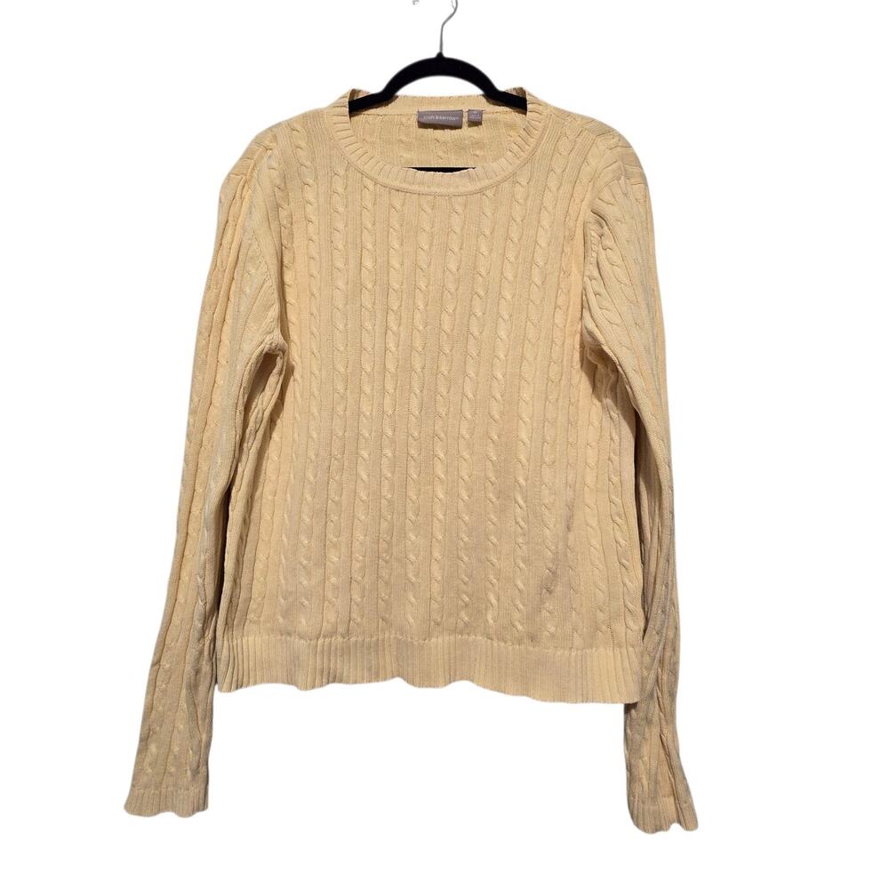 Vtg Croft Barrow Butter Yellow Cable Knit Sweater Womens MED Preppy Academia